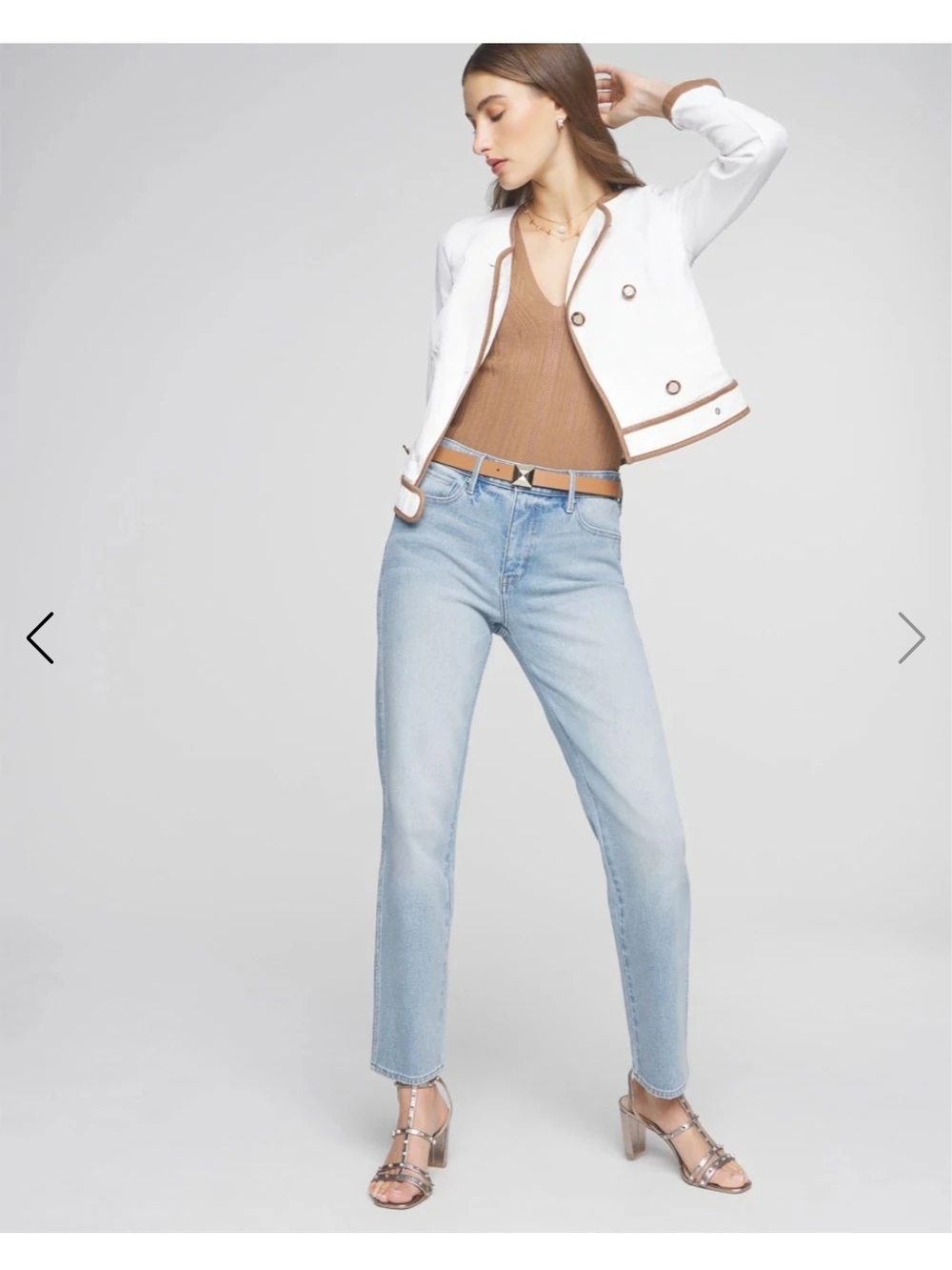 WHBM White and Brown Camel Trim Women's Double Breasted Coat Jacket - Picture 3 of 7